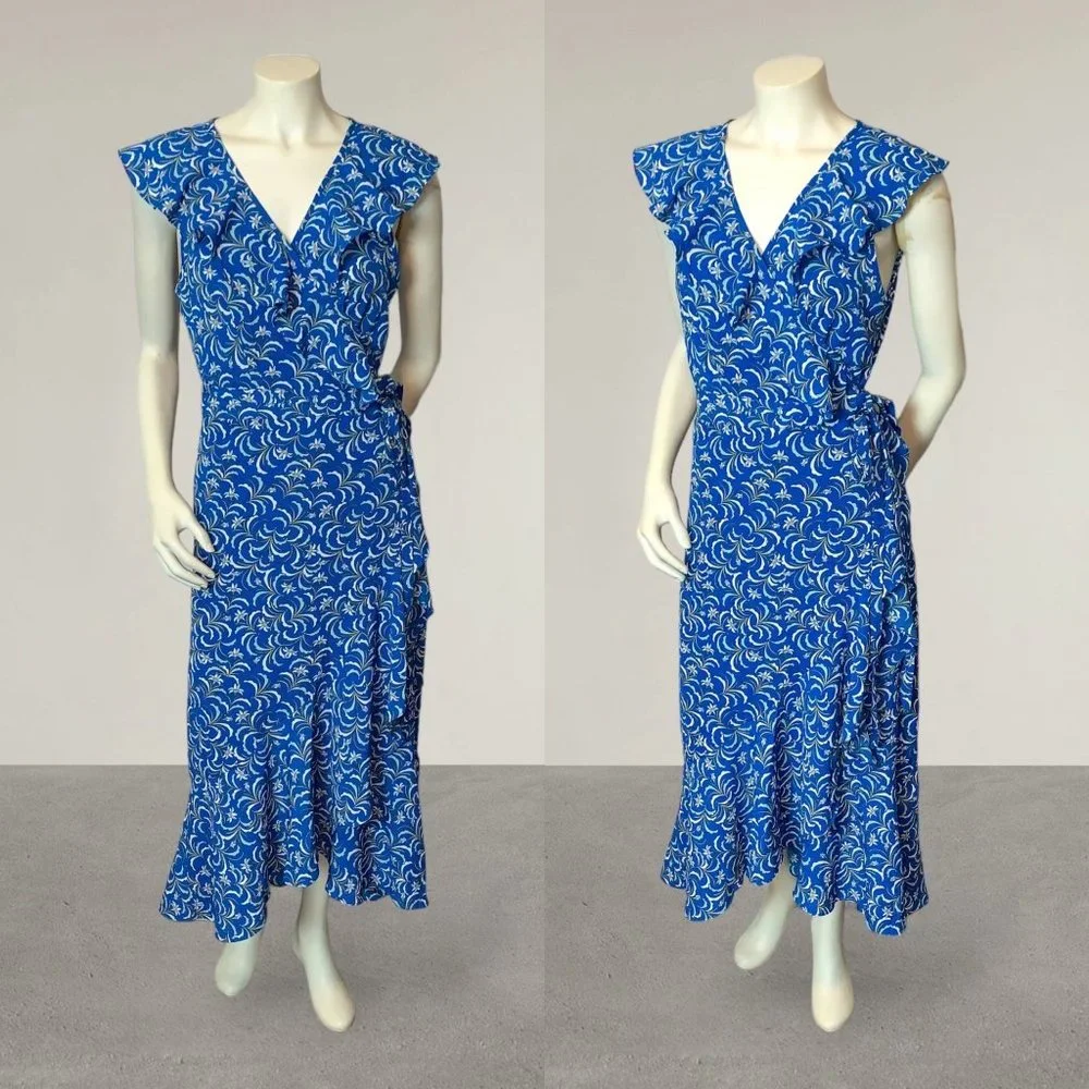 MAX STUDIO Blue Floral Patterned Ruffle Wrap Midi Dress Size L